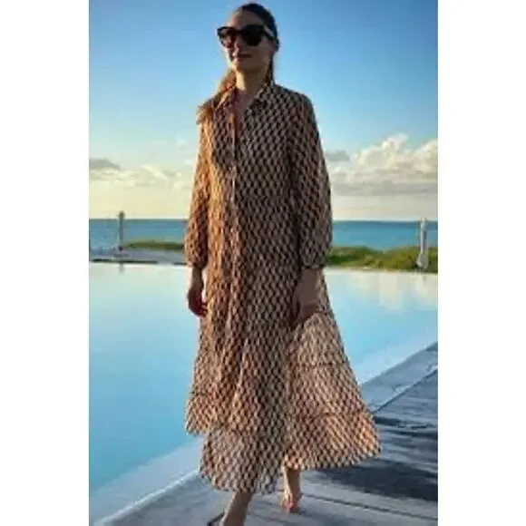 Zara Geometric Print Maxi Dress Sheer Long Sleeve Size Medium Indie Boho Twee - Picture 3 of 9